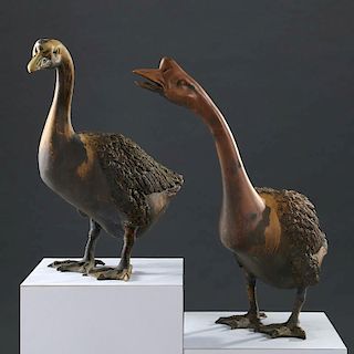 Pair artist-signed bronze Swan garden ornaments