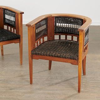 Unusual pair Arts & Crafts barrel-back armchairs