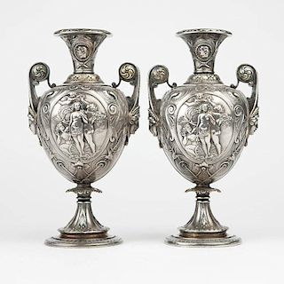 A pair of Neoclassical silver plate vases, Elkington & Co.
