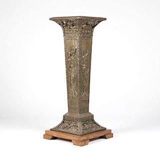 A patinated brass-overlay mahogany pedestal stand