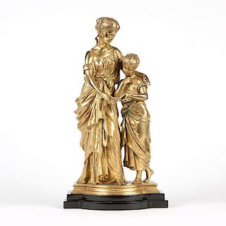 After M. Moreau, a gilt bronze figural group, mother and child