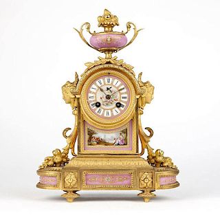 A gilt bronze and Sevres-style porcelain mantel clock, Japy Freres
