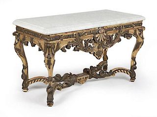 A French Rococo-style carved giltwood console table with marble top