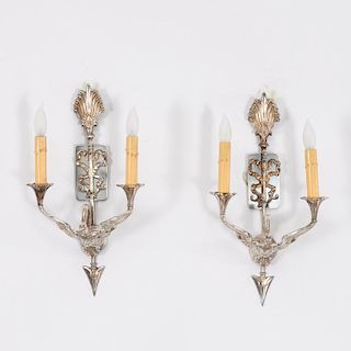 Pair Empire style silver plated swan sconces