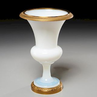 Empire style brass-mounted white opaline glass urn