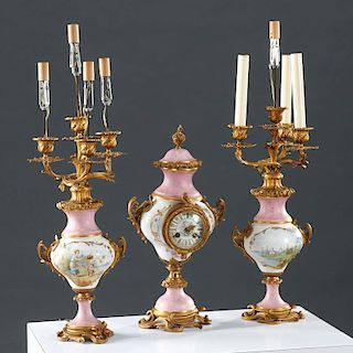 Sevres style French porcelain clock garniture
