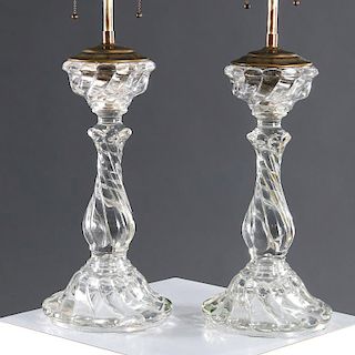Pair Baccarat glass candlestick lamps
