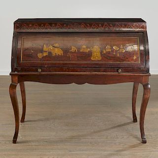 Continental marquetry inlaid cylinder desk
