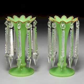Pair antique French green opaline glass lustres