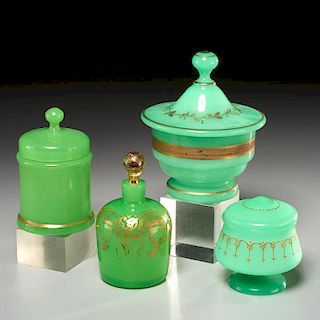 (4) Green opaline gilded glass lidded jars