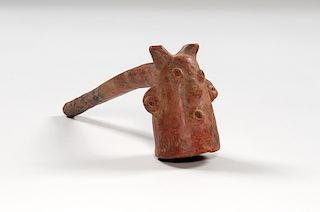 Colima Red Clay Pipe with Human Head Bowl