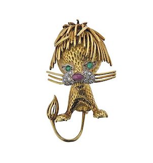 18K Gold Diamond Ruby Emerald Lion Brooch Pin