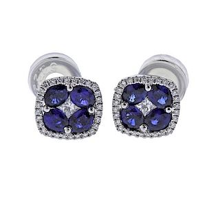 18K Gold Diamond Blue Stone Earrings 