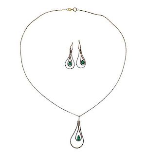 14K Gold Diamond Green Stone Drop Earrings Necklace Set
