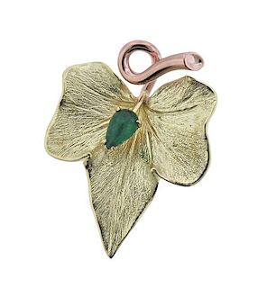 14K Gold Emerald Leaf Motif Brooch Pendant