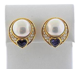 18K Gold Diamond Sapphire Pearl Earrings