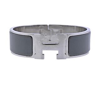 Hermes H Silver Tone Metal Grey Bangle Bracelet