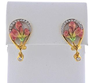 Masriera 18K Gold Diamond Enamel Flower Motif Earrings