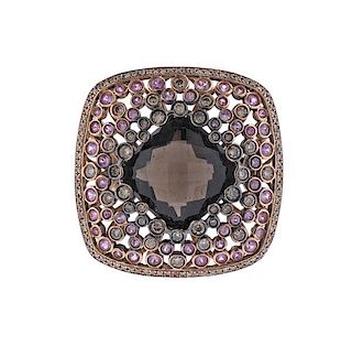 18K Gold Diamond Smoky Quartz Pink Stone Ring