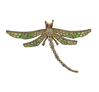 18k Gold Diamond Enamel Dragonfly Brooch Pendant