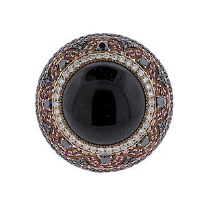18k Gold Diamond Ruby Onyx Large Cocktail Ring 