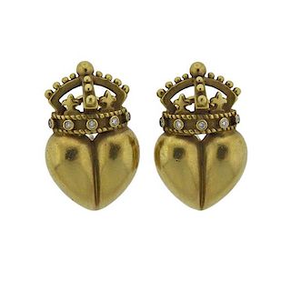 Kieselstein Cord 18K Gold Diamond Crown Heart Earrings