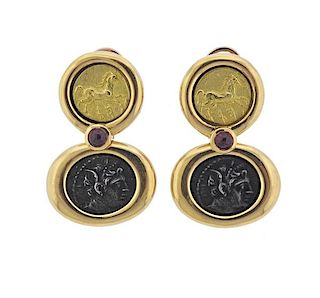 French 22K 18K Gold Silver Ruby Coin Earrings