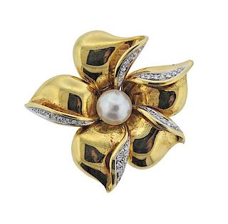 Asayo 18K Gold Diamond Pearl Flower Brooch