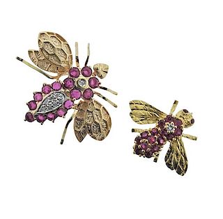 18K 14K Gold Diamond Red Stone Insect Brooch Lot of 2