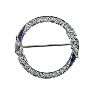 Art Deco Platinum Diamond Blue Stone Brooch