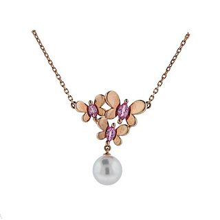 Mikimoto 18K Gold Pearl Sapphire Butterfly Pendant Necklace
