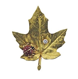 14K Gold Diamond Enamel Leaf Ladybug Brooch