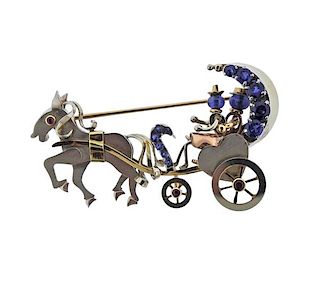 Retro 14K Gold Blue Red Stone Carriage Brooch