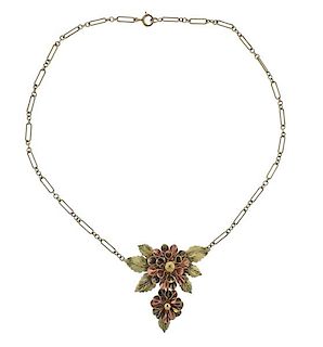 Antique 14K Two Tone Gold Flower Pendant Necklace