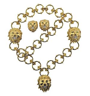 18K Gold Diamond Lion Necklace Earrings Bracelet Set