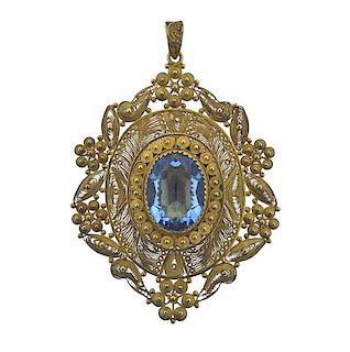 Antique Filigree 10K Gold Blue Stone Pendant