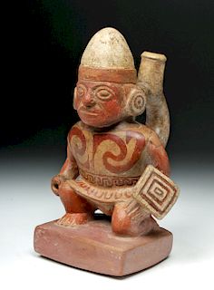 Moche Pottery Stirrup Jar - Kneeling Warrior w/ Shield