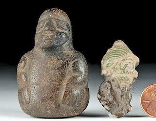 Pair of Classic Mayan Pottery Pendant & Seated Figure
