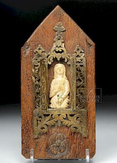 Rare 18th C. Greek Wood, Ivory & Gilded Bronze Icon
