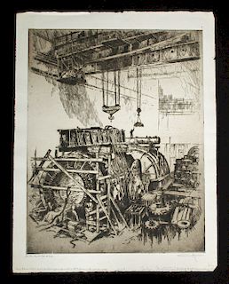 Signed Otto Kuhler Etching, "Turbine Construction" 1929