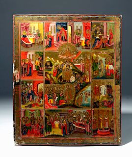 Early 19th C. Russian Icon - Resurrection & Feasts