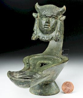 Gorgeous Roman Bronze Oil Lamp w/ Faunus Head