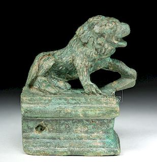 Roman Bronze Recumbent Lion on Plinth