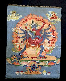19th C. Tibetan Silk Thangka - Chakrasamvara in Yab-Yum