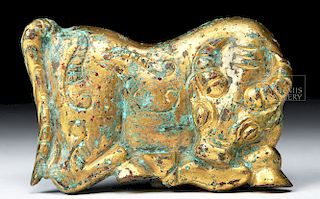 Chinese Ordos Gilded Bronze Attachment - Bull