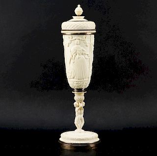 Impressive Early 19th Century Russian Imperial Carved Ivory And Silver Mounted Figural Vase And Cov