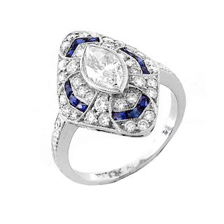 Art Deco style Approx. 1.61 Carat TW Diamond, 1.44 Carat Sapphire and Platinum Ring set in the Cent