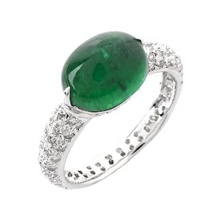 Vintage Approx. 3.34 Carat Oval Cabochon Emerald, .75 Carat Pave Set Diamond and 18 Karat White Gol
