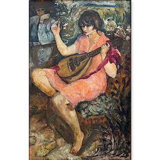 after: Marcel Dyf, French (1899-1985) Oil on Canvas, Woman Playing Mandolin. Signed lower right. Go