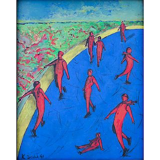 German Expressionist School Oil On Wood Panel "Ice Skaters". Signed and dated K. Seidel '41. Inscri